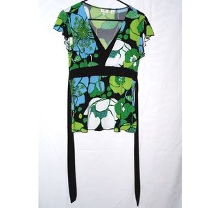Blue, green, black and white floral top